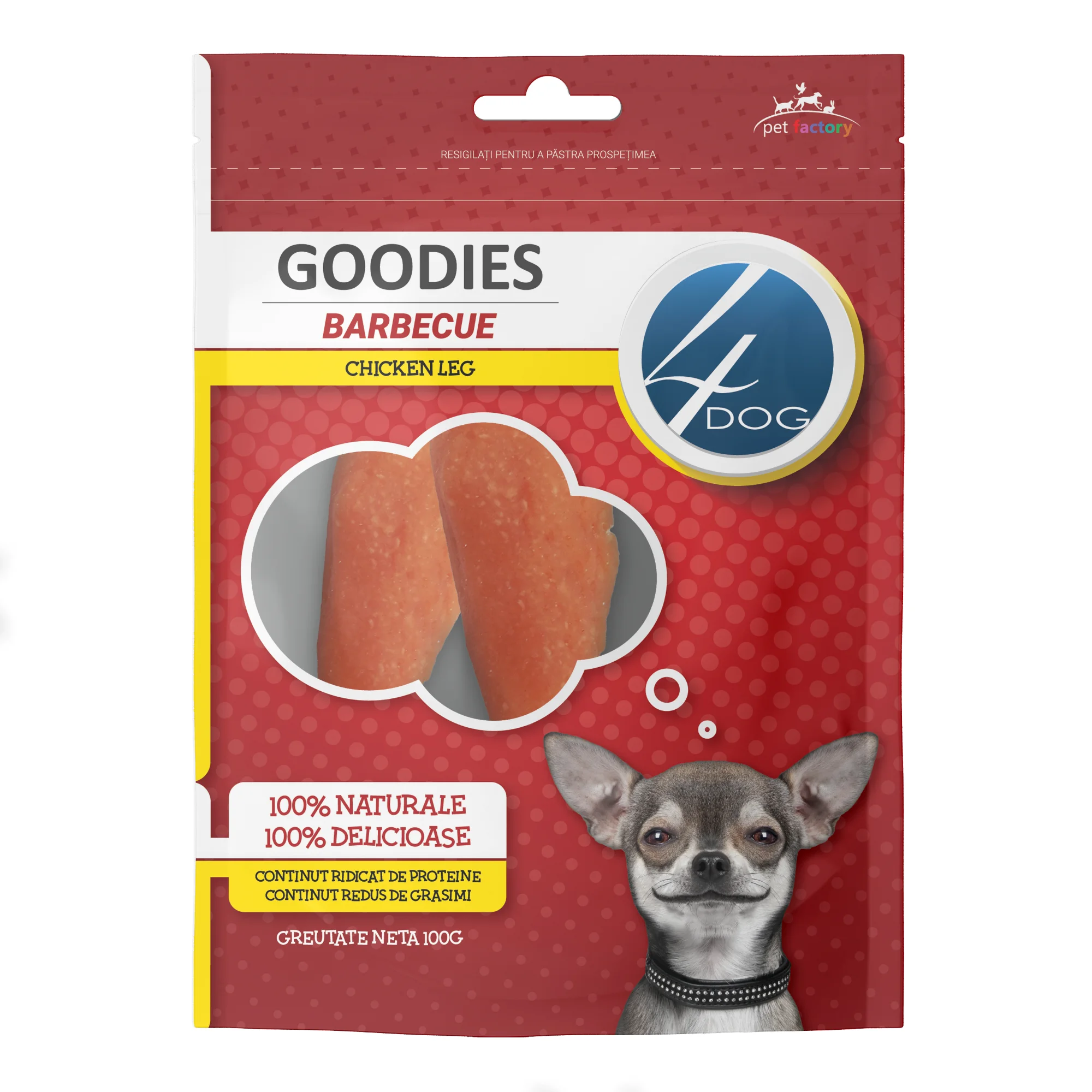 Recompense pentru Caine Adult, 4DOG GOODIES Barbecue, Copan de Pui, 100g