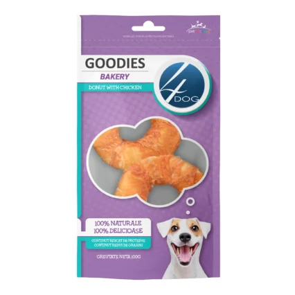 Recompense pentru Caine Adult, 4DOG GOODIES Bakery, Gogoasa, Piele Presata si Pui, 100g