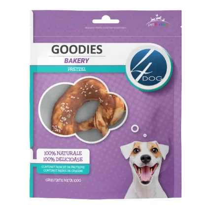 Recompense pentru Caine Adult, 4DOG GOODIES Bakery, Covrig, Piele Presata si Pui, 100g