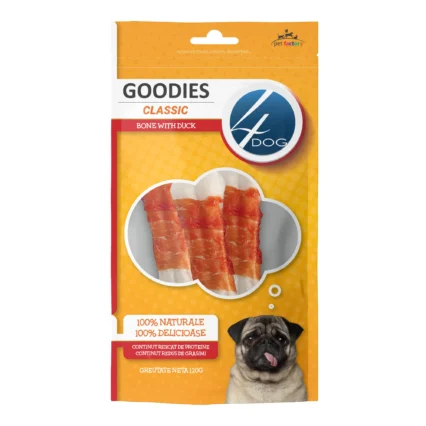 Recompense pentru Caine Adult, 4DOG GOODIES Classic, Os, Piele Presata si Rata, 120g