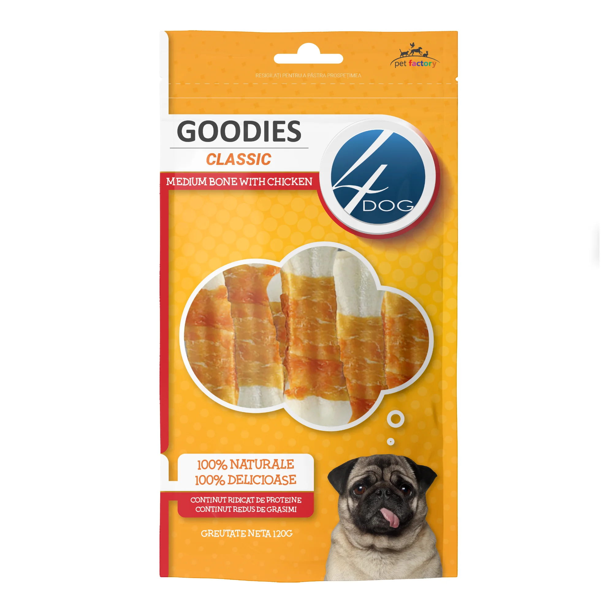 Recompense pentru Caine Adult, 4DOG GOODIES Classic, Os Mediu, Piele Presata si Pui, 120g
