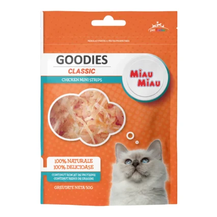 Recompense pentru Pisica Adult, MIAU MIAU Goodies Classic, Mini Strips, Pui, 50g