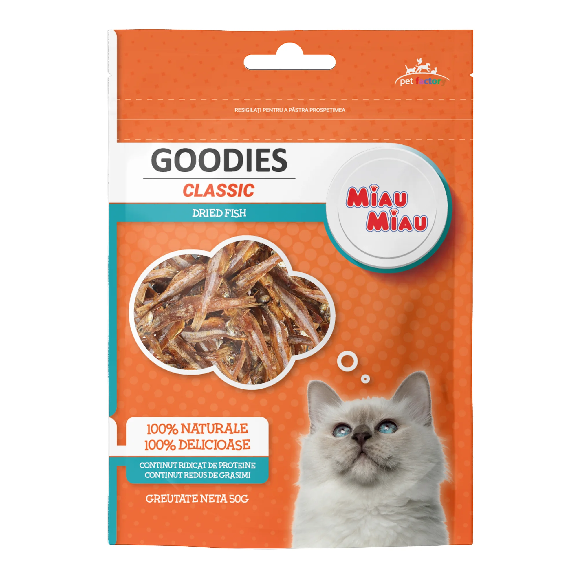 Recompense pentru Pisica Adult, MIAU MIAU Goodies Classic, Dried Fish, Ansoa, 50g