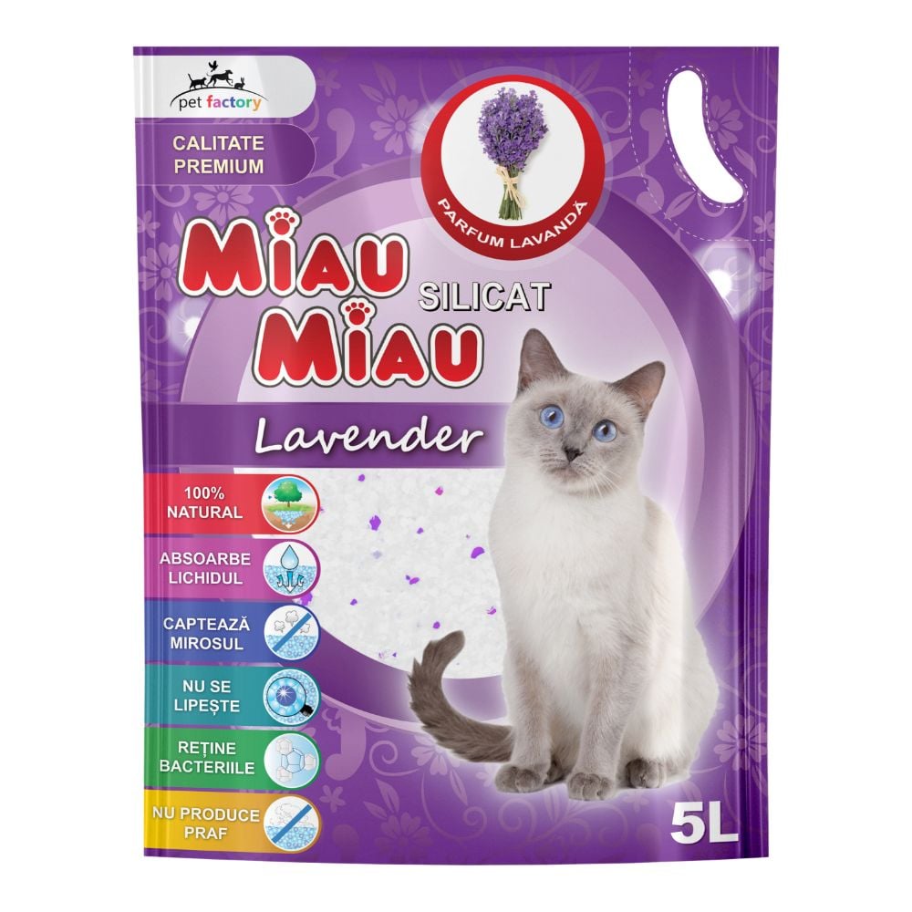 MIAU MIAU Silicat, Asternut Igienic pentru Pisica, Lavanda, 5L