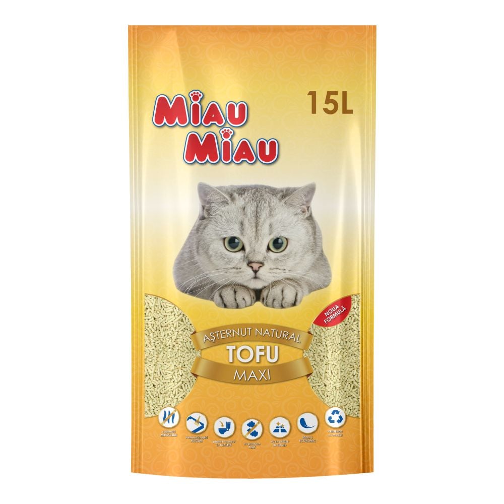 MIAU MIAU Tofu, Asternut Igienic pentru Pisica, Maxi, Vanilie, 15L