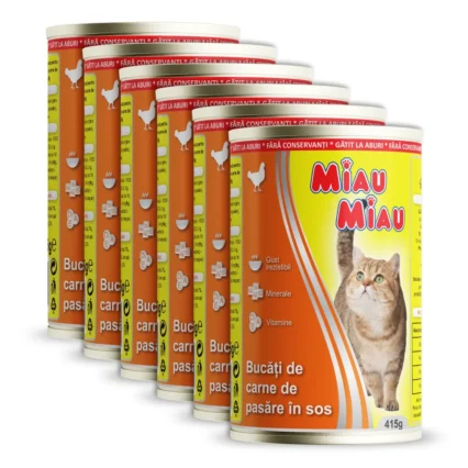 Pachet Economic MIAU MIAU Conserva, Hrana Umeda Pisica Adult, Pui, 6x415g