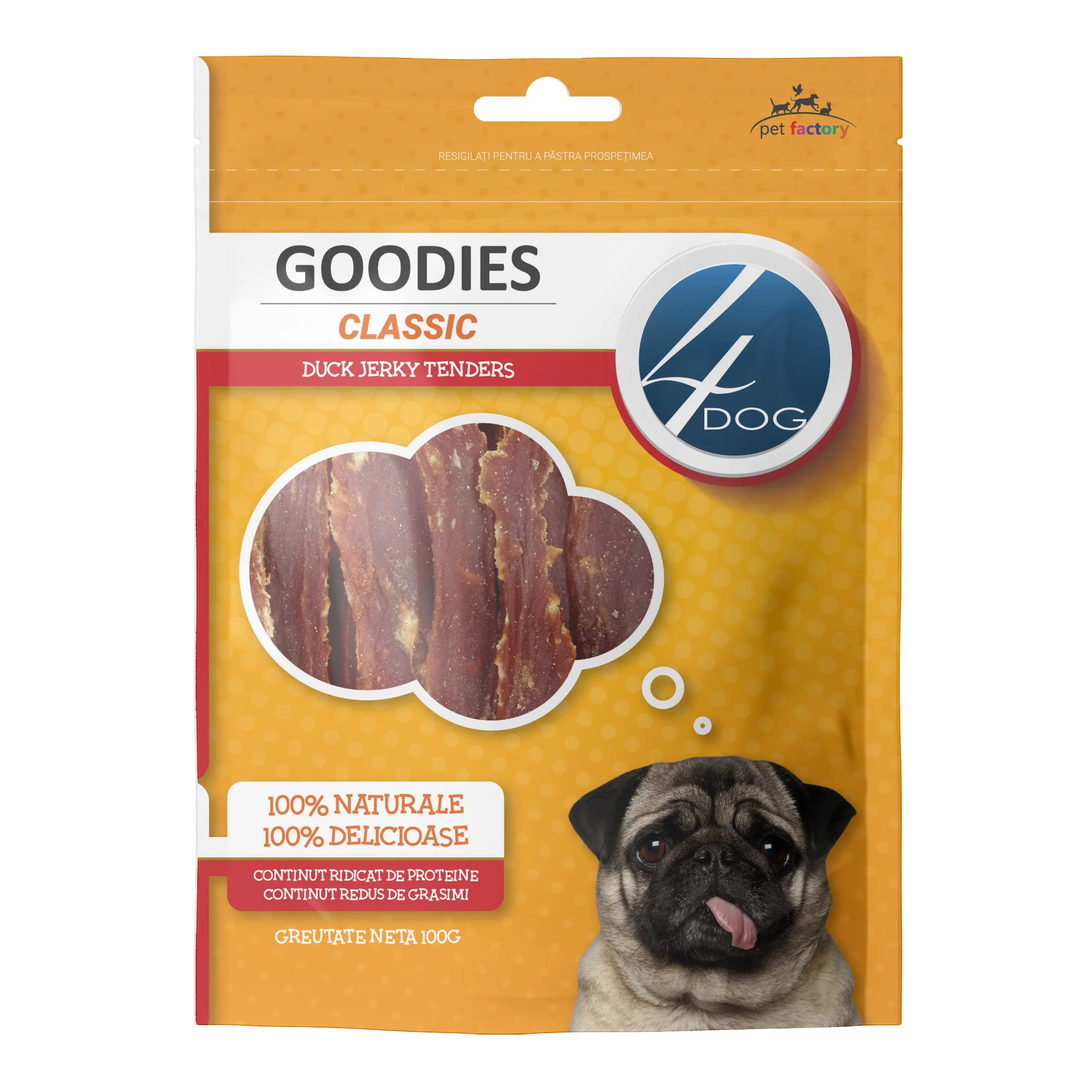 Recompense pentru Caine Adult, 4DOG GOODIES Classic, Jerky Tenders Rata, 100g