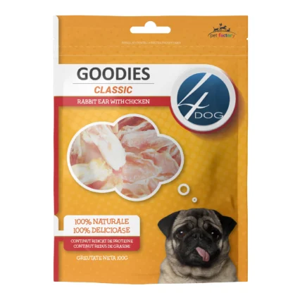 Recompense pentru Caine Adult, 4DOG GOODIES Classic, Urechi de Iepure cu Pui, 100g