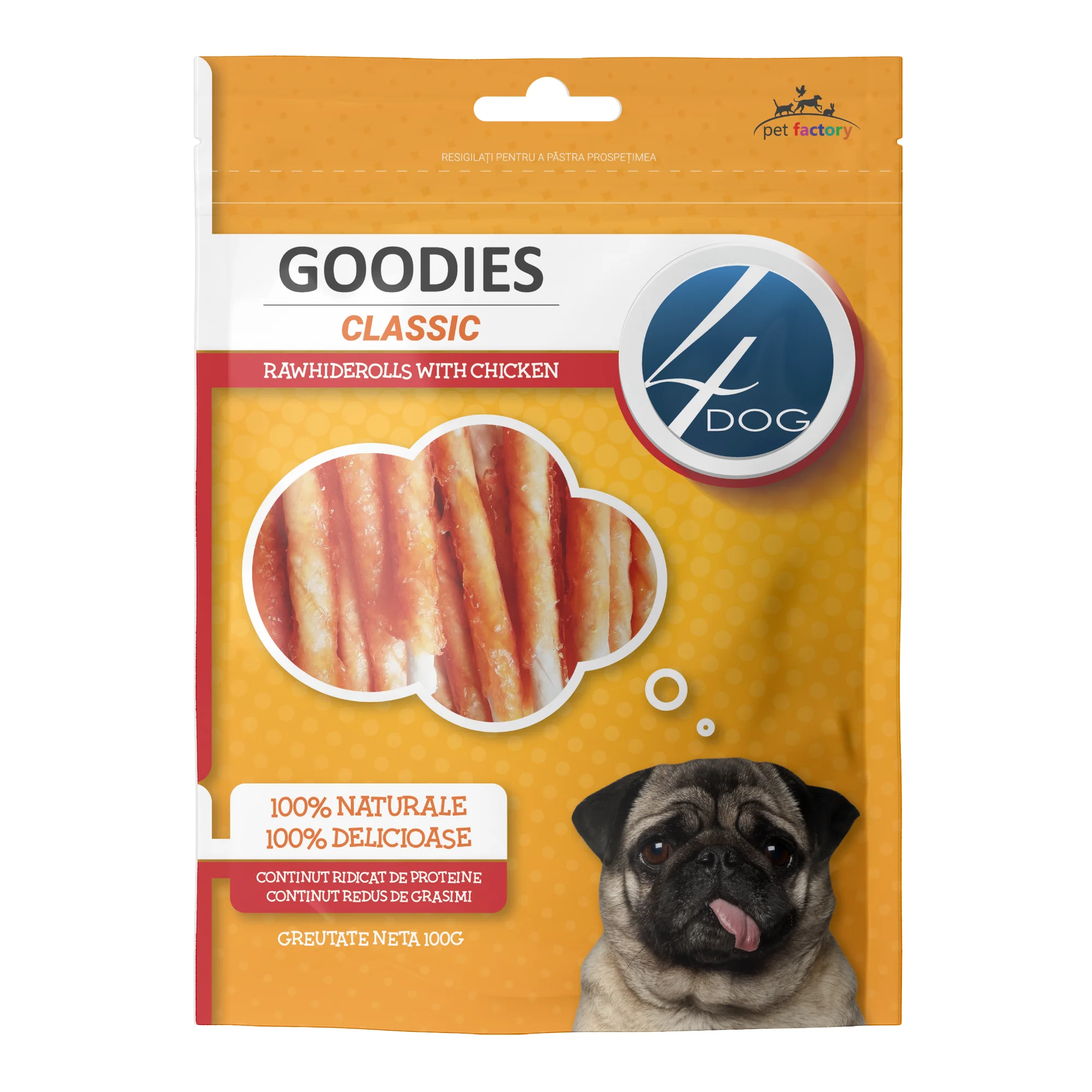 Recompense pentru Caine Adult, 4DOG GOODIES Classic, Piele Presata si Pui, 100g